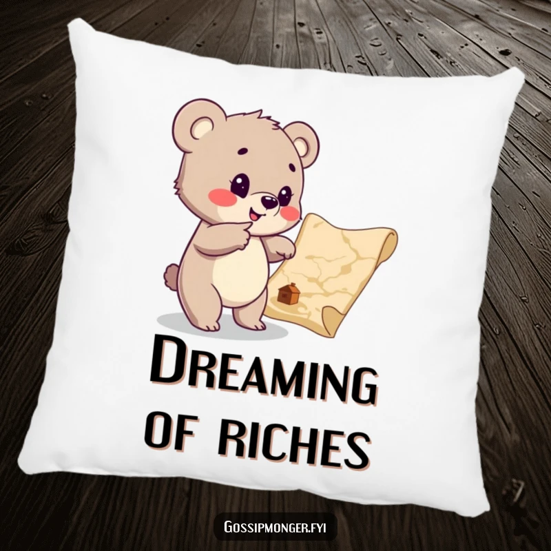 Funny Bear Cub Treasure Map Pillow: A playful bear cub enthusiastically points at a hidden treasure map, offering comfort.