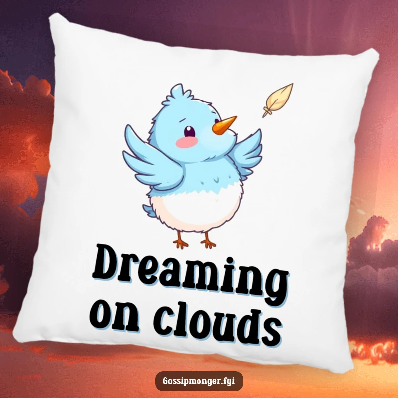 Funny fluffy blue bird pillow featuring a bird pointing at a floating feather, offering plush comfort and a touch of whimsical charm.