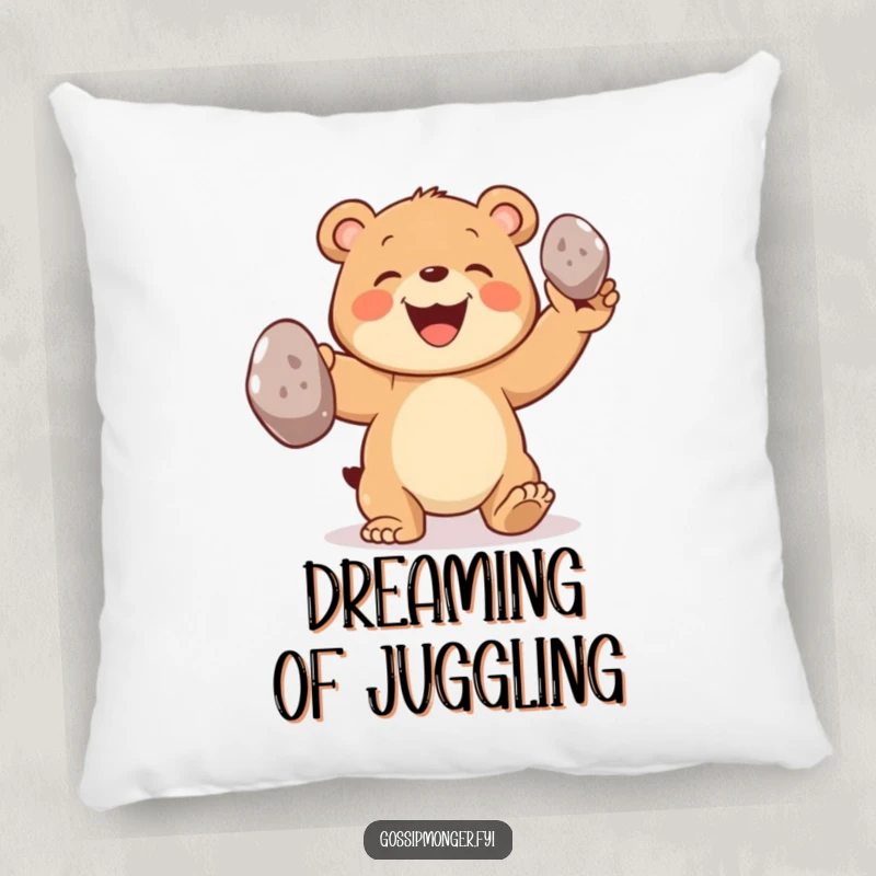 Funny bear pillow featuring a joyful bear cub grinning while juggling three oversized shiny pebbles, bringing cheer.