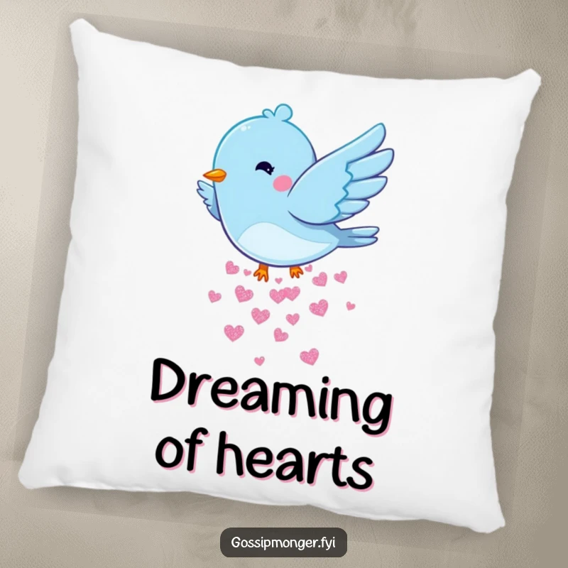 Funny Bluebird Hearts Pillow: A plush pillow showcasing a bluebird scattering glittery hearts, bringing comfort and cheerful decor.
