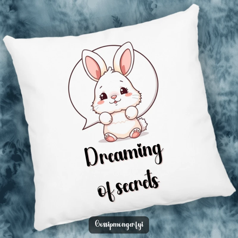 Funny bunny pillow featuring a fluffy rabbit peeking from a speech bubble, nose wiggling with playful humor.