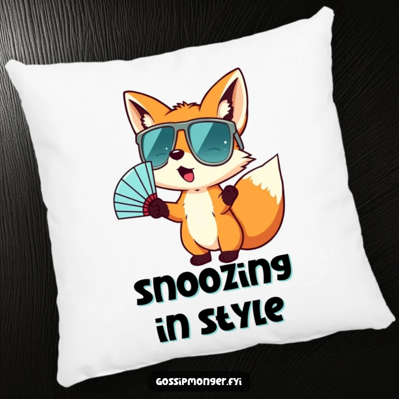 Funny pillow featuring a tiny fox wearing oversized sunglasses, dynamically gesturing with a fan, adding a cool and humorous touch to any room.