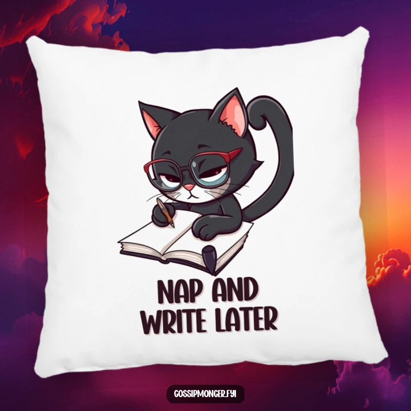 Funny black cat wearing spectacles, furiously scribbling in a notebook with a quill, comfortable pillow for home decor.