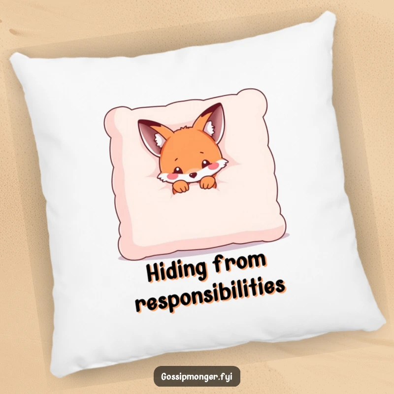 Funny pillow featuring a tiny kawaii fox peeking from behind a giant plush pillow, offering cozy comfort and shy charm.