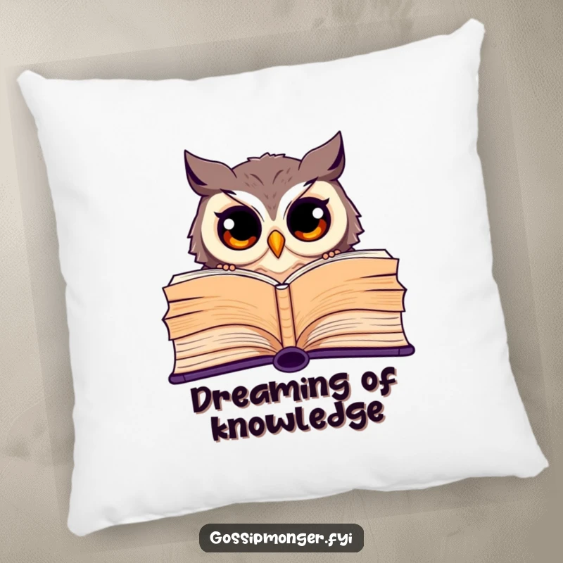 Funny pillow with a curious owl with wide eyes peeking from behind a giant open book, for a cozy reading space.