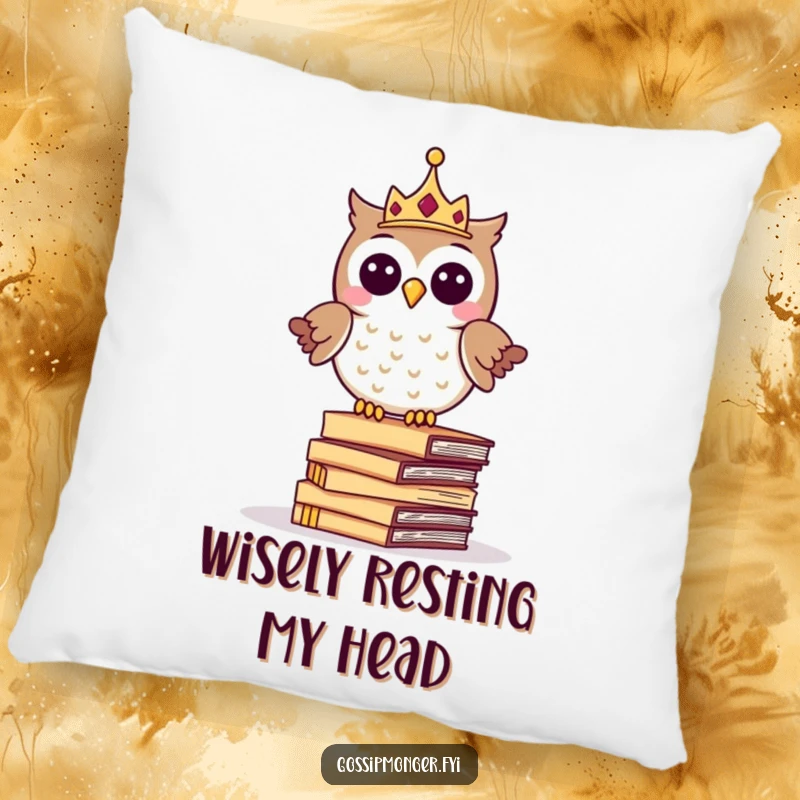 Funny throw pillow with a giggling crowned owl balancing on whispering letters, for cozy comfort and literary charm.