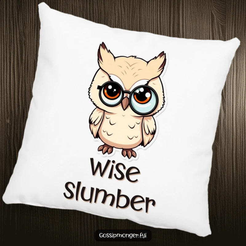 Funny pillow with a tiny owl wearing a monocle, slyly winking, offering plush comfort and wit.