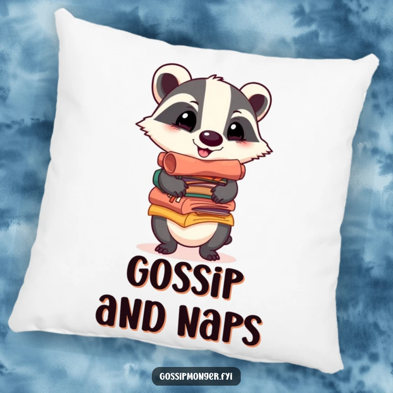 Funny pillow featuring a cheerful badger balancing a stack of colorful, gossip-filled scrolls, providing comfort and a whimsical decorative accent.