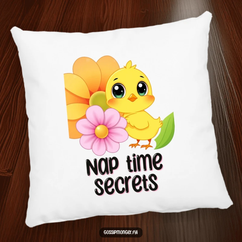 Funny Chick Pillow: A plush pillow featuring a yellow chick with large eyes whispering secrets to a colorful flower, offering cozy and humorous decor.