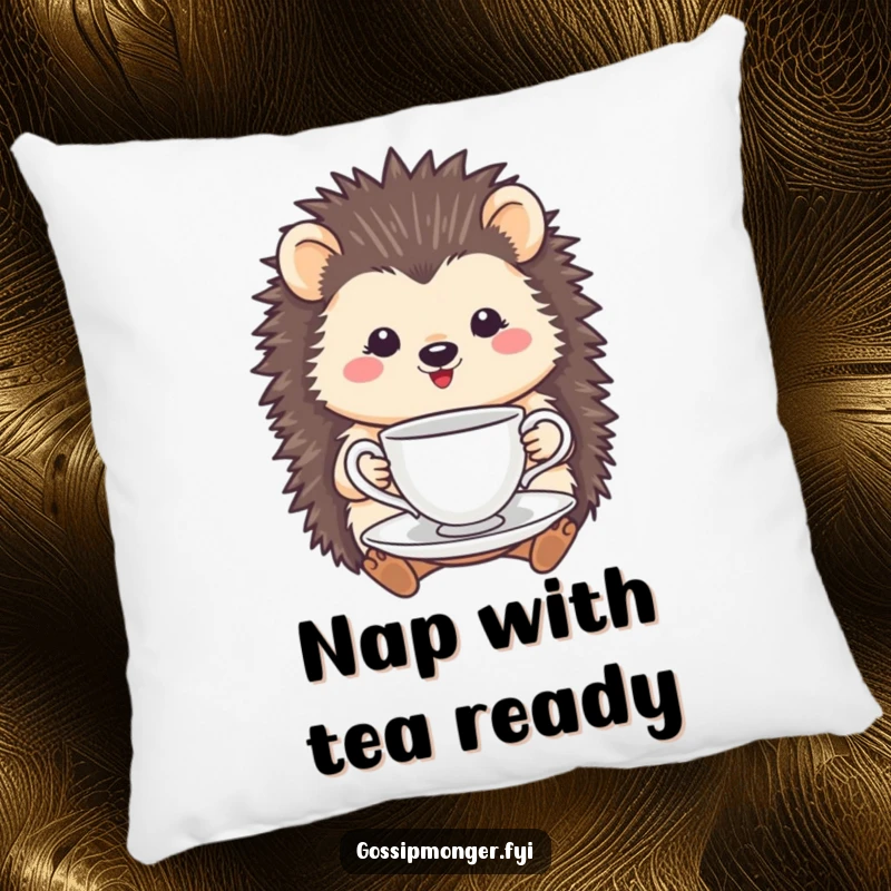 Funny Hedgehog Tea Cup Pillow: A smiling hedgehog delicately holds a tea cup and saucer, offering soft, charming comfort.