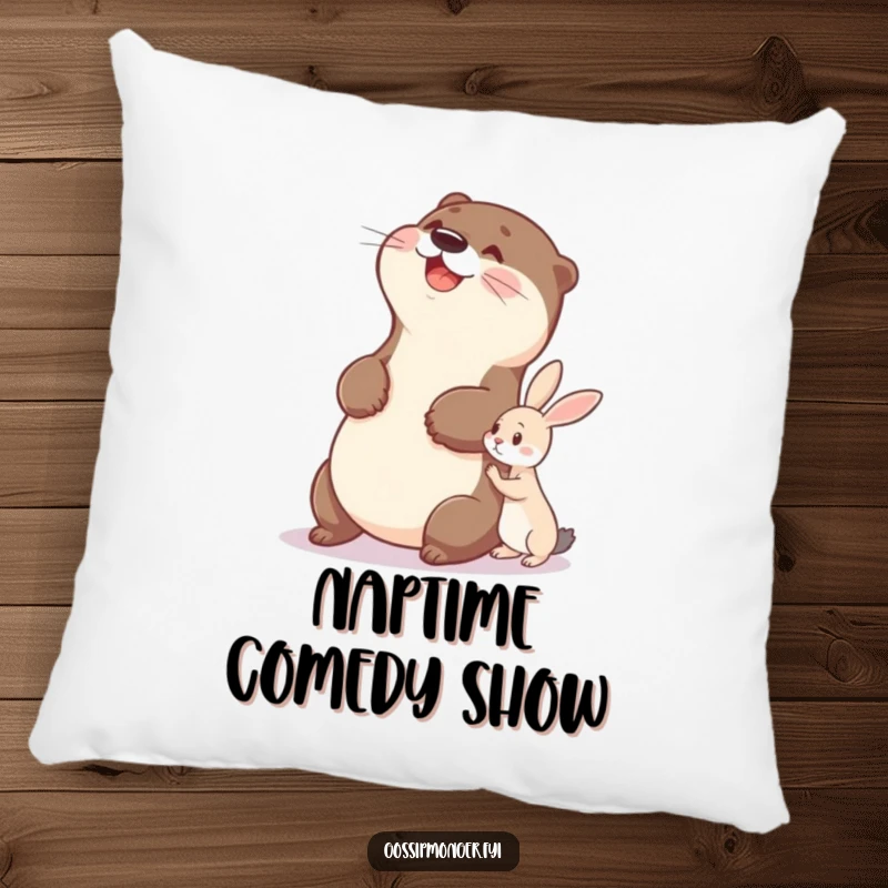 Funny otter pillow featuring a delighted otter slapping its belly while watching a tiny rabbit whisper, bringing amusement.