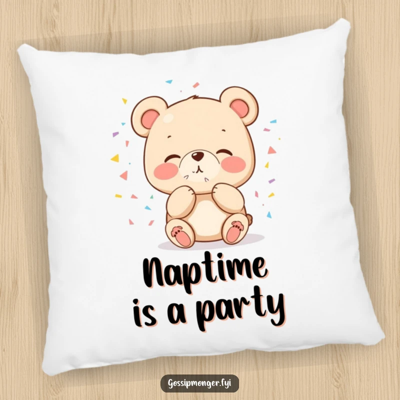Funny cute bear pillow blowing a kiss of confetti, soft and decorative, bringing a cheerful atmosphere.