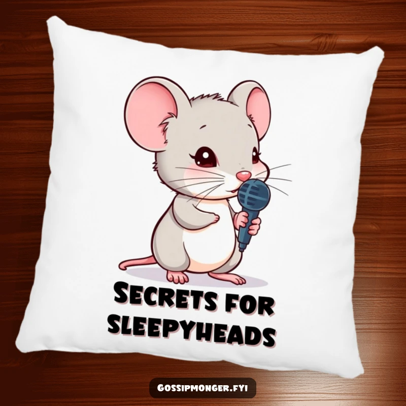 Funny mouse pillow, holding a tiny microphone, leaning to hear a secret, soft plush, comfortable curious decor.