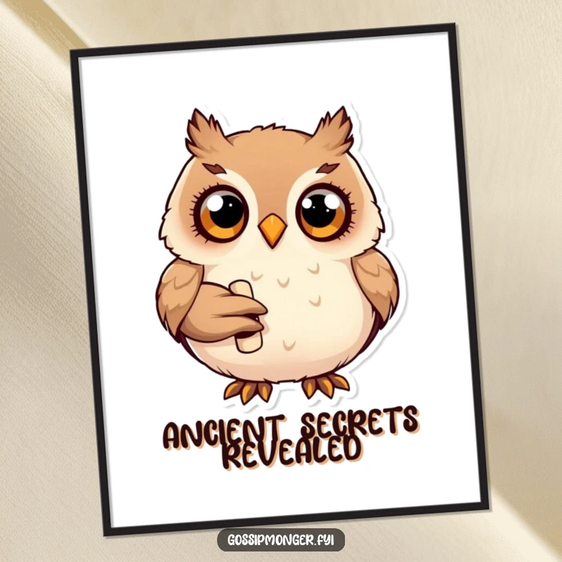 Funny plump happy owl with wide curious eyes, holding a tiny rolled-up scroll, high-quality digital art print.