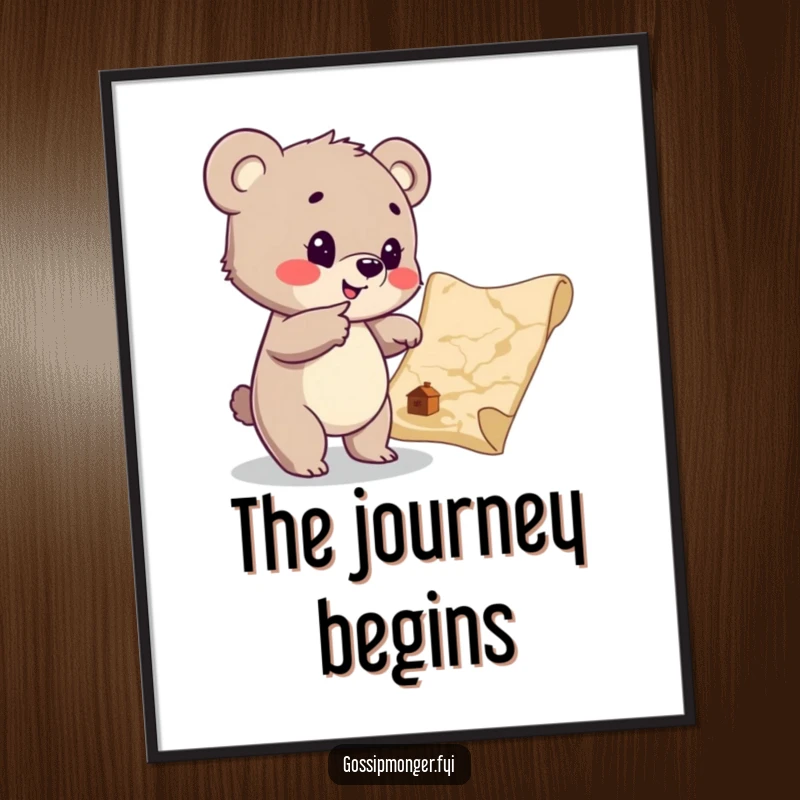 Funny Bear Cub Treasure Map Digital Print: An enthusiastic cub points to a hidden treasure map, ready to adorn digital walls.