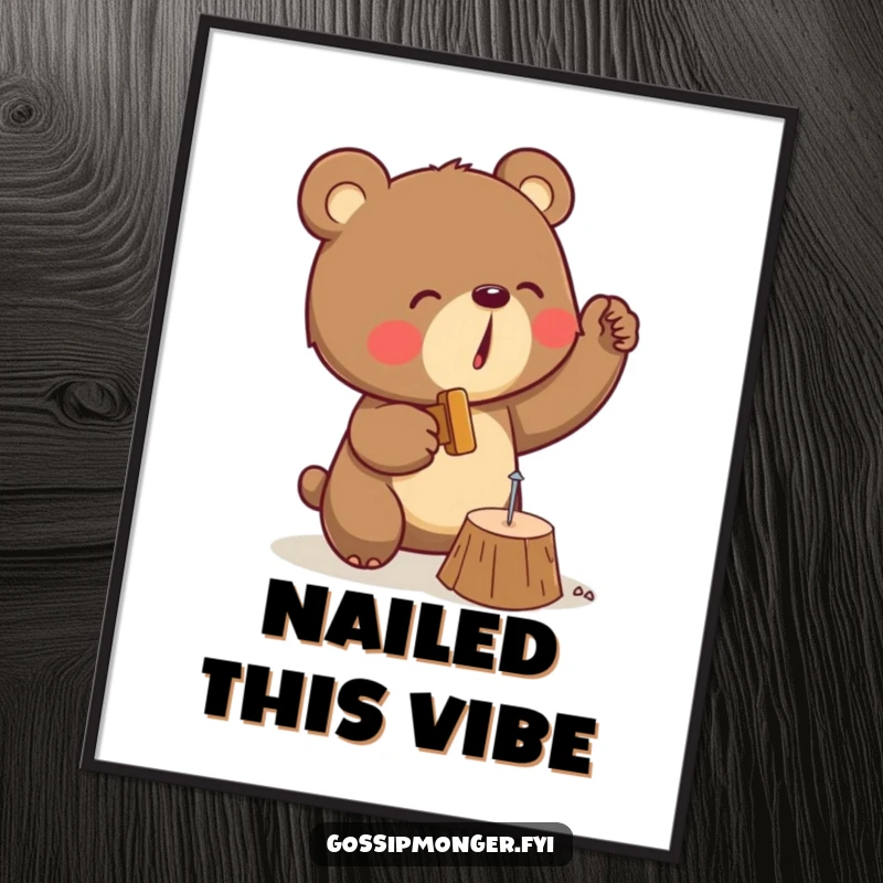 Funny digital art print of a determined bear hammering a tiny nail into wood, perfect for printable wall decor.