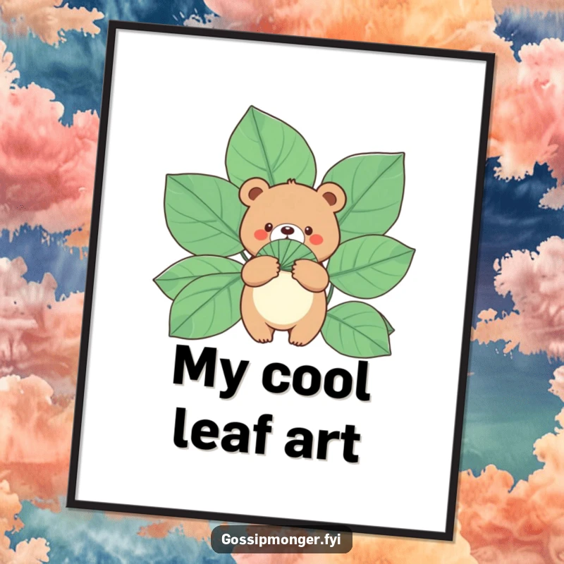 Funny Bear Digital Art Print: A small, round bear holds a fan made of gigantic leaves, perfect for calm decor.
