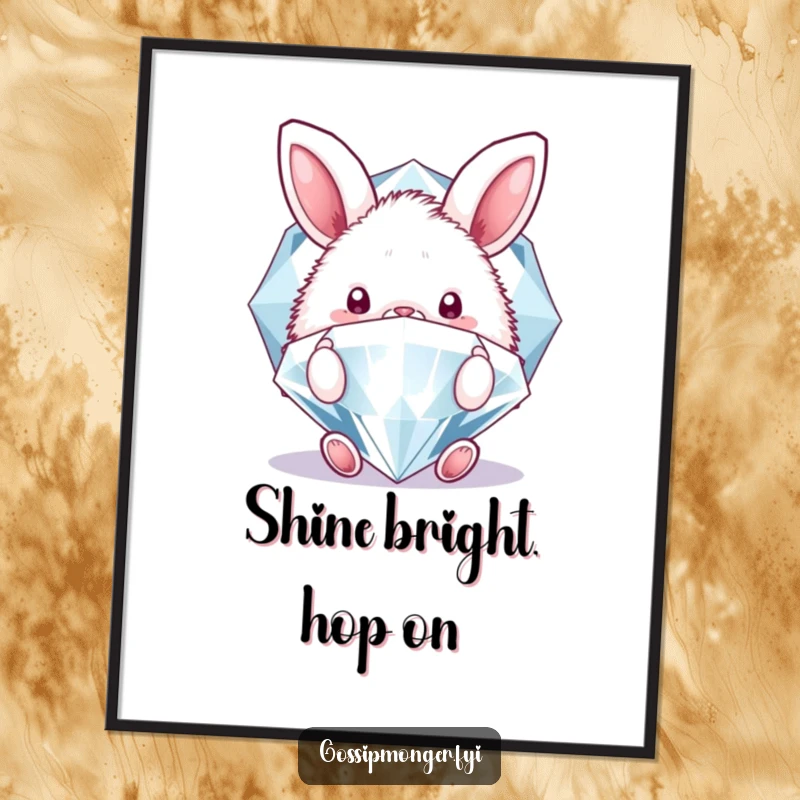 Funny digital art print of a fluffy bunny peeking behind a sparkling diamond, offering instant cute charm and a dose of playful humor.