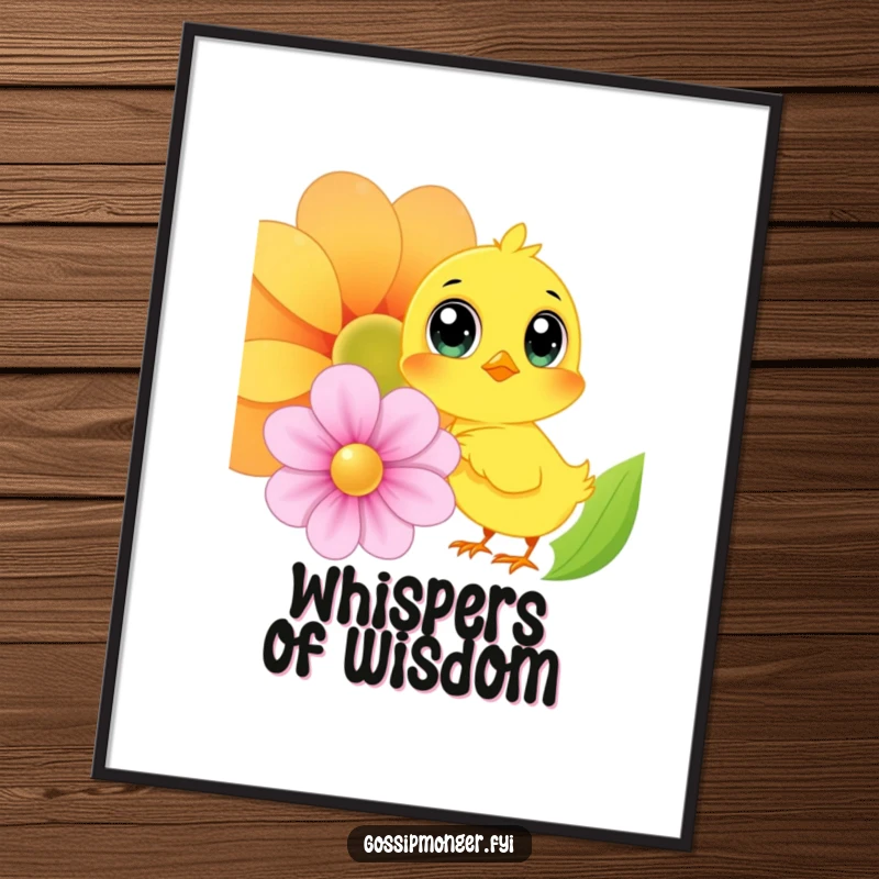 Funny Chick Digital Art: High-resolution image of a yellow chick with large eyes whispering secrets into a colorful flower, perfect for printing.