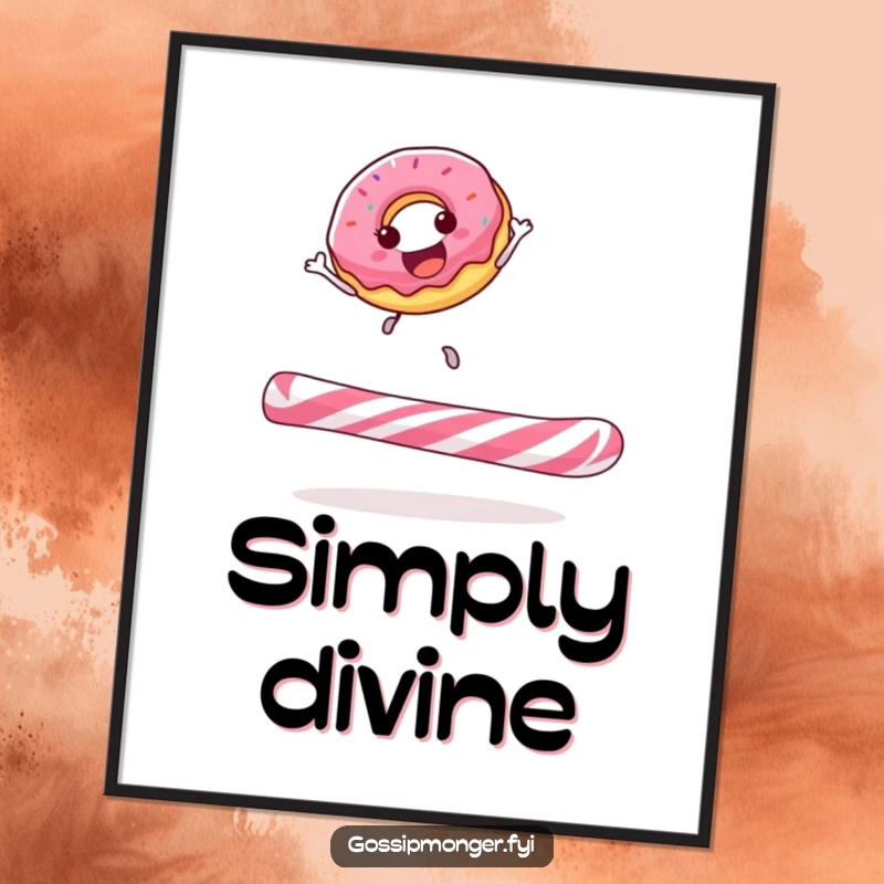 Funny donut digital art print of a happy donut gleefully bouncing on a giant candy cane, a joyful and sweet decoration.