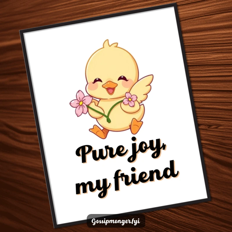 Funny Duckling Digital Print: A delightful illustration of a duckling adorned with a flower, joyfully fluttering its wings, ready to adorn walls.