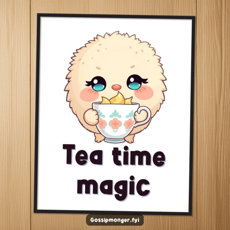 Funny digital art print of a round, fluffy creature winking slyly, holding a tiny, overflowing teacup, full of charm.