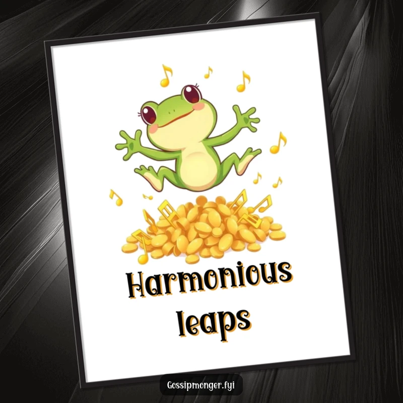 Funny digital art print of a small green frog joyfully leaping from golden musical notes, embodying energetic harmony.