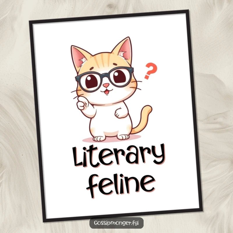 Funny digital art print of a distinguished cat wearing glasses, intently pointing at a single, misplaced comma.