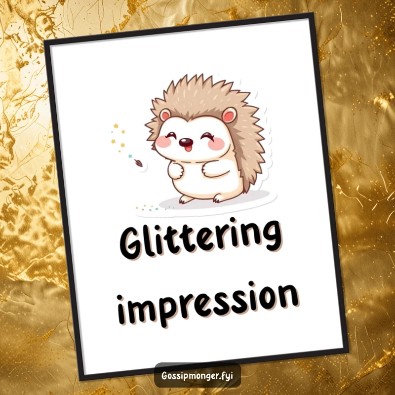Funny Digital Art Print of a happy hedgehog creating a dazzling trail of glitter with a tiny quill, for magical decor.