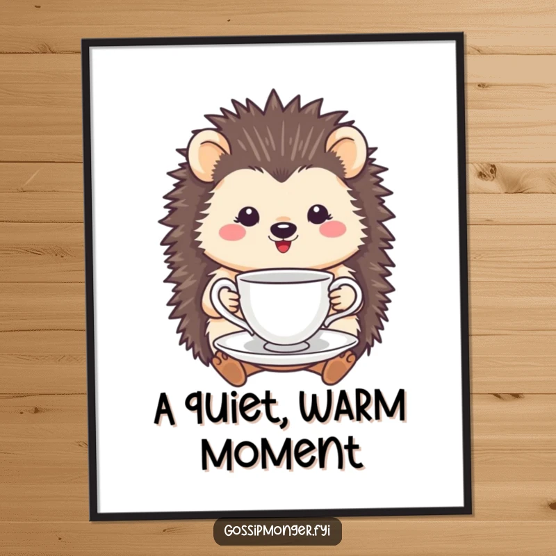 Funny Hedgehog Tea Cup Digital Print: A smiling hedgehog delicately holds a tea cup and saucer, creating charming wall art.