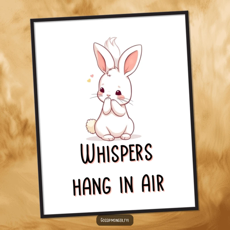 Funny Kawaii Rabbit Digital Art Print: A tiny, cute bunny whispers secrets into a giant, fluffy ear, a charming and humorous wall art piece.