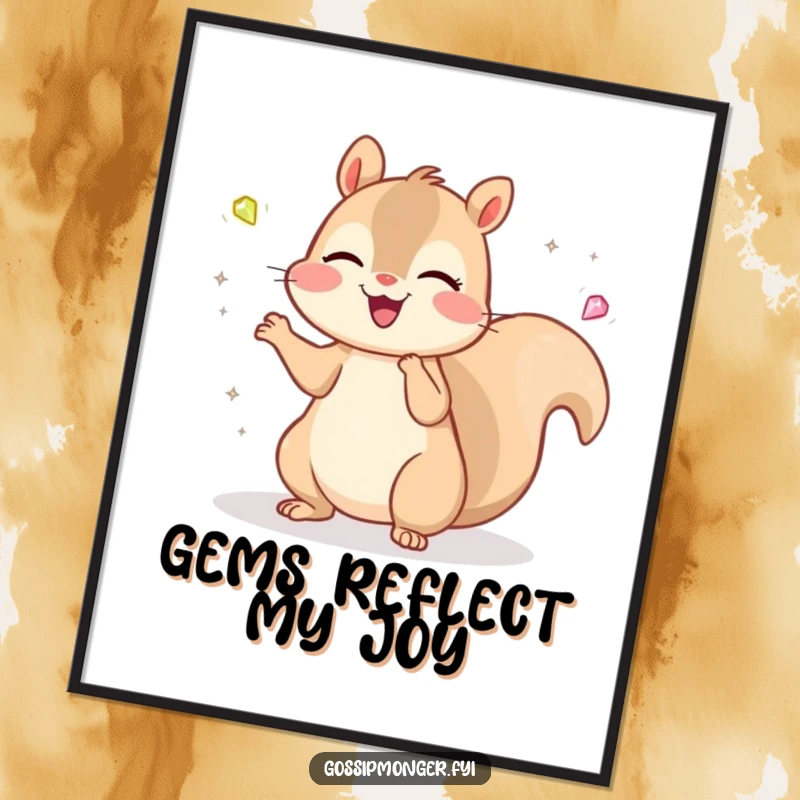 Funny Kawaii Squirrel Digital Art Print: A cheerful, cute squirrel juggles tiny, sparkling gems with a delighted expression, vibrant wall art.