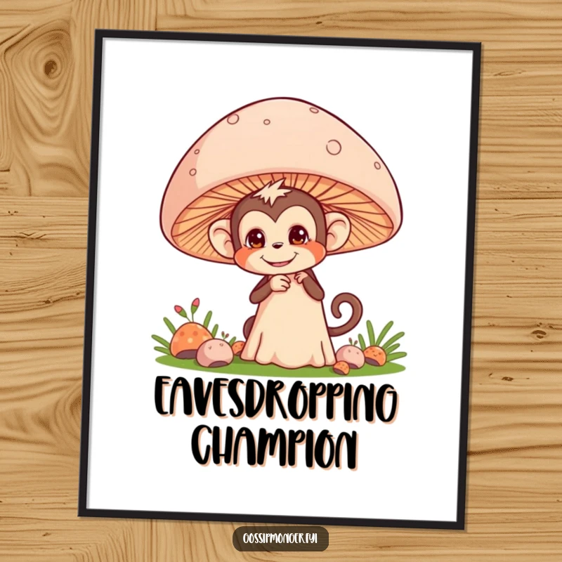 Funny digital art print of a mischievous monkey pretending to eavesdrop behind a giant mushroom, wall decor.