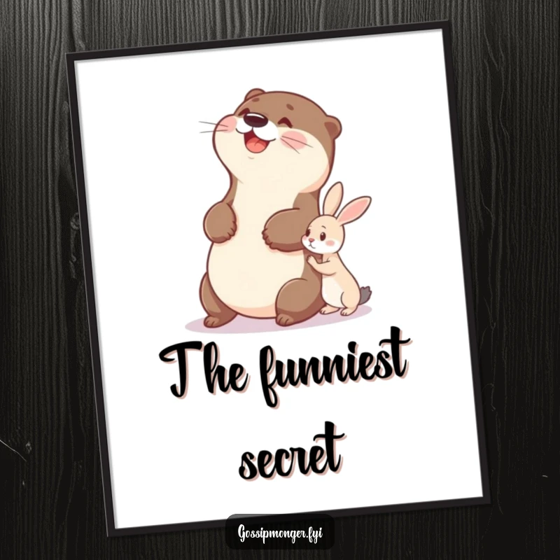 Funny otter digital art print of a delighted otter slapping its belly while watching a tiny rabbit whisper a secret.