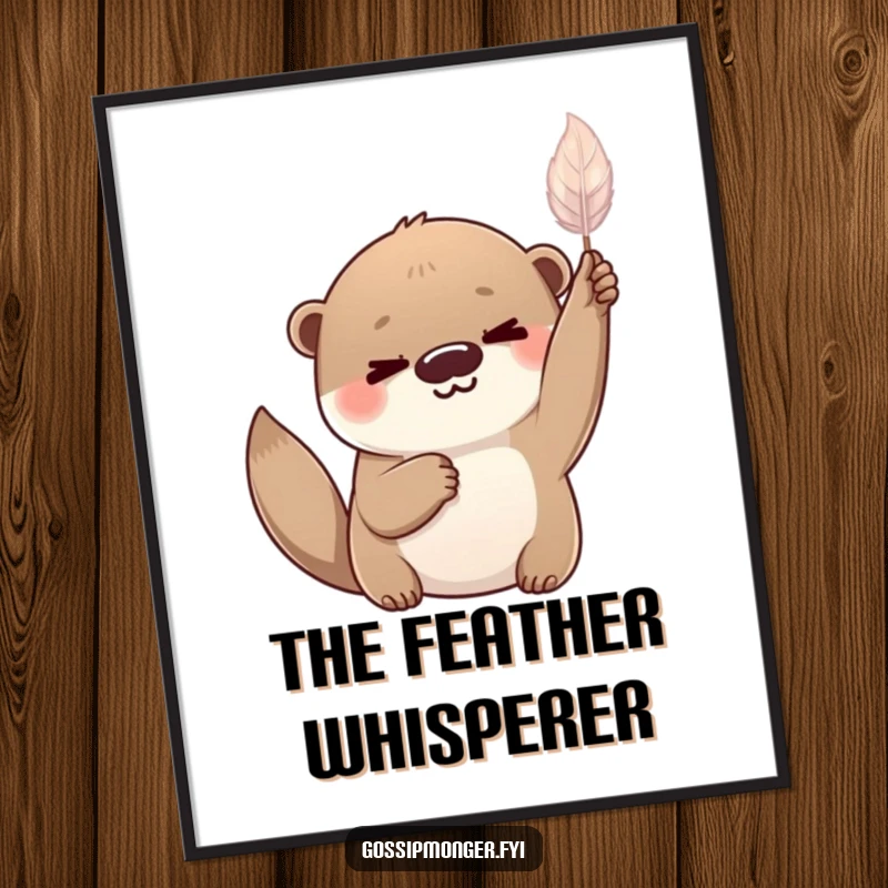 Funny playful otter with a knowing smile, holding a delicate shimmering feather aloft, high-quality digital art print.
