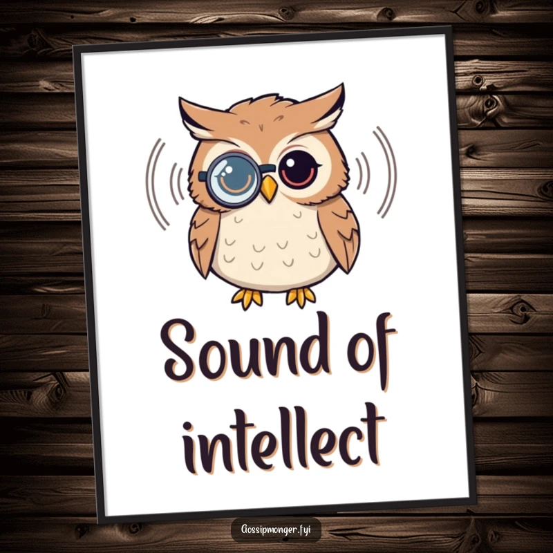 Funny owl character digital art print, wearing a monocle, listening to a sound wave, high-resolution, instant download.
