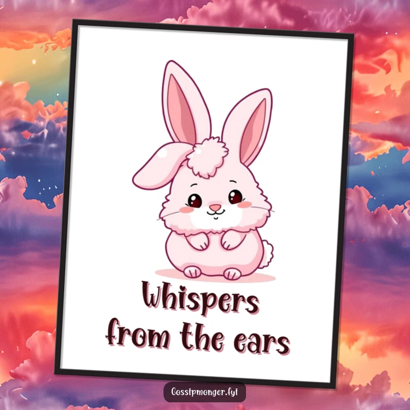 Funny fluffy pink bunny peeking conspiratorially behind a large stylized ear, offering instant adorable and humorous appeal.