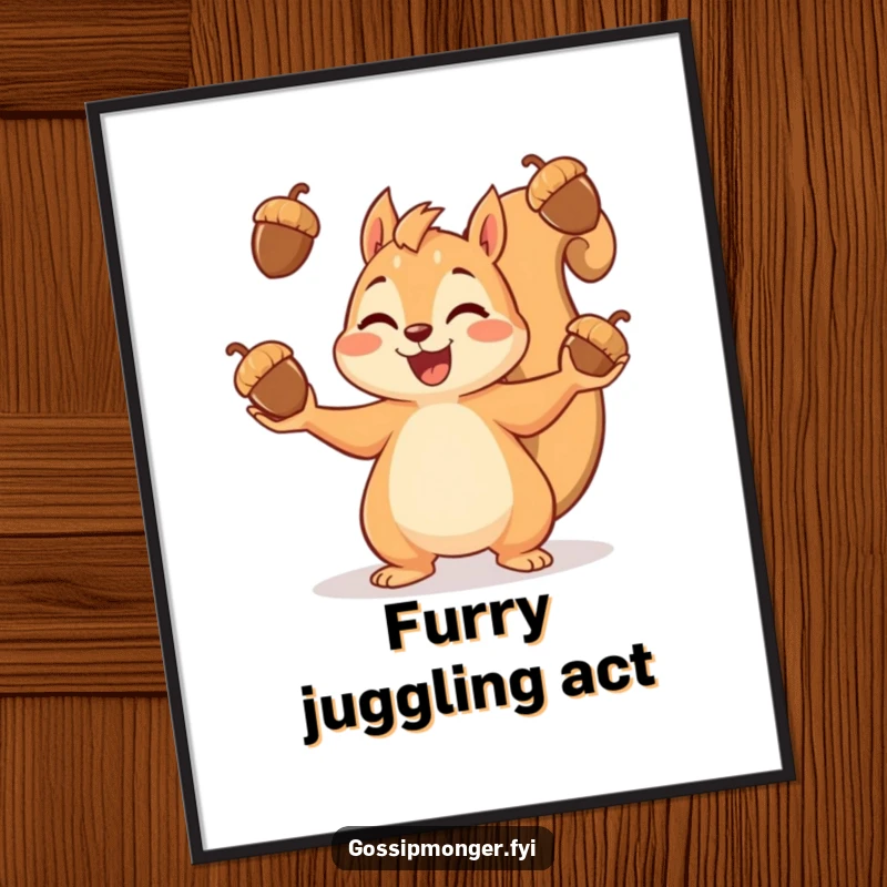 Funny digital art print of a happy squirrel skillfully juggling a pile of acorns, radiating pure delight and energy.