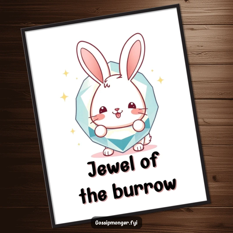Funny Digital Art Print: A happy bunny peeking from behind a large, sparkly gemstone, conveying joy and humor, ideal funny gift.