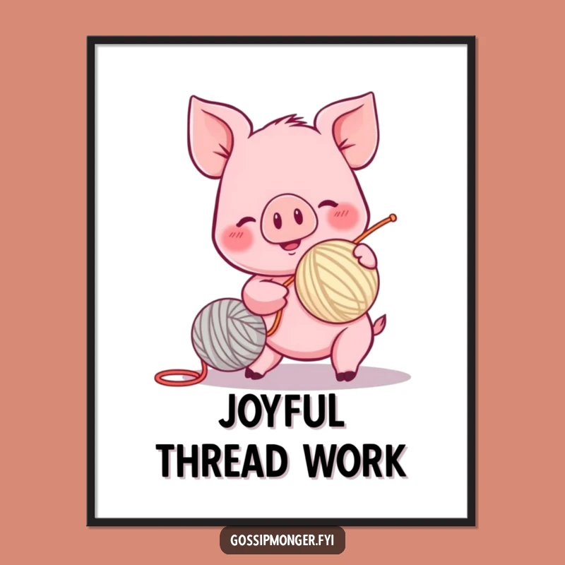 Funny Piglet Digital Print - Yarn Ball Spinning Character Art Gift