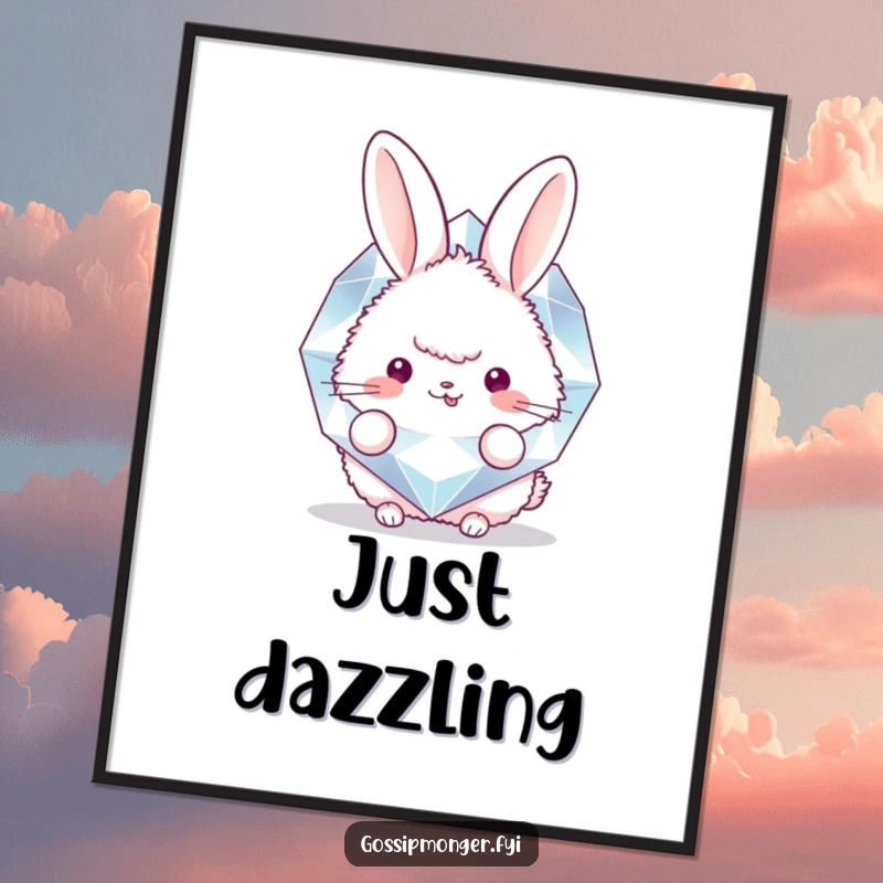 Funny digital art print of a fluffy bunny peeking from behind a large, sparkling diamond, capturing a moment of playful curiosity and delight.
