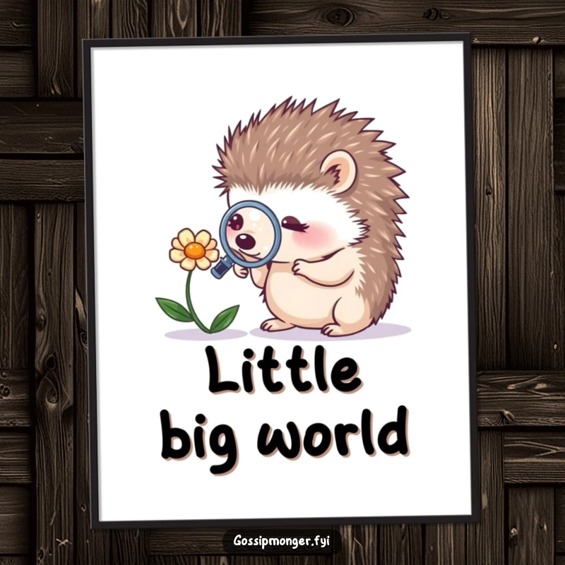 Funny tiny hedgehog with a magnifying glass looking at a whispering flower, available as a digital art print for instant, whimsical decor.