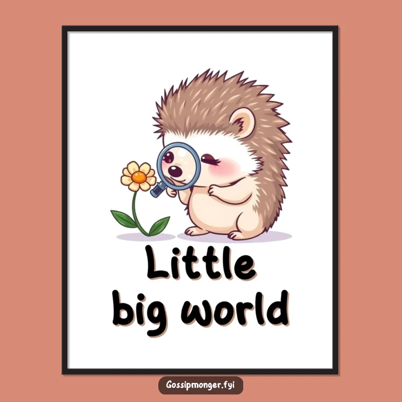 Funny Hedgehog Magnifying Flower Digital Art - Instant Whimsical Nature Decor