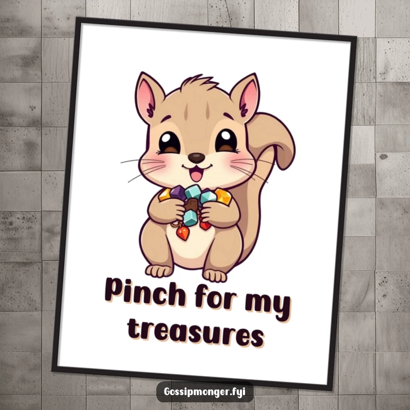 Funny squirrel digital art print, mischievous character hiding shiny trinkets in its cheeks, instant downloadable humor.