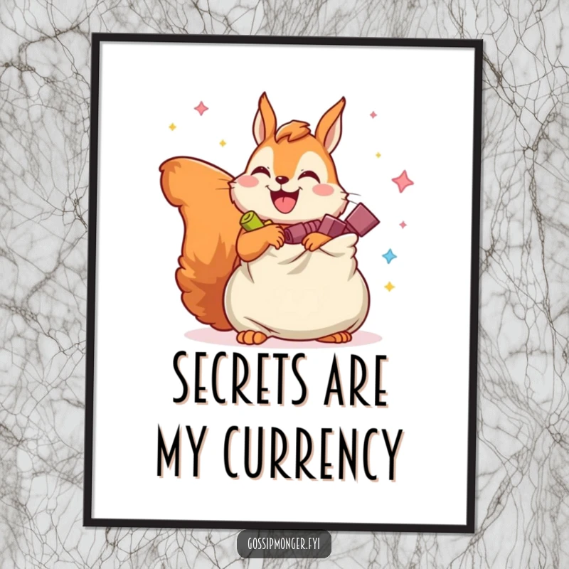 Funny digital art print of a joyful squirrel with legs overflowing bag of imaginary secrets, adding whimsy to decor.