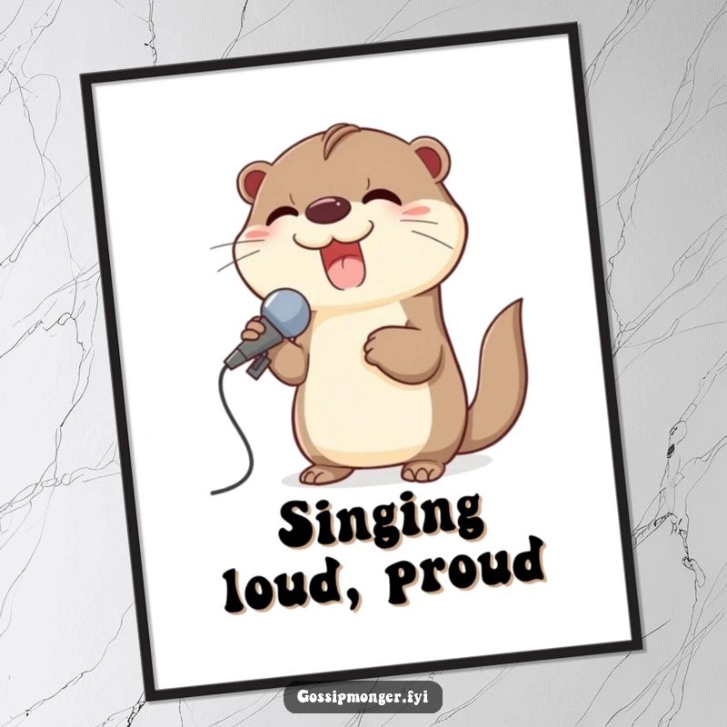 Funny digital art print of a giggling otter using a large seashell as a microphone, radiating musical happiness.