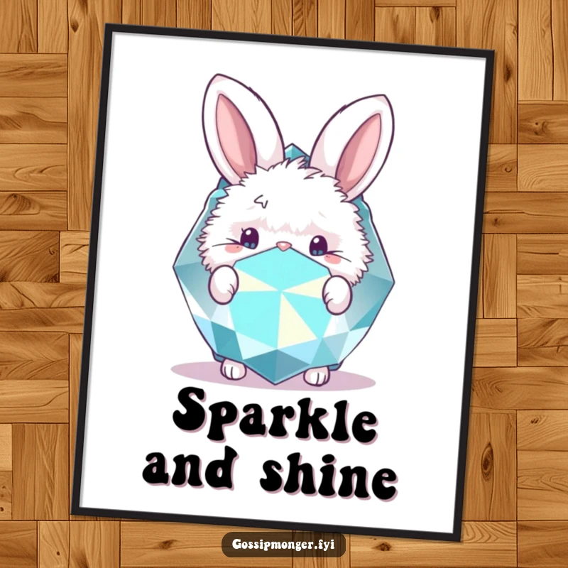 Funny digital art print of a fluffy bunny peeking from behind a large, sparkly gemstone. Whimsical.