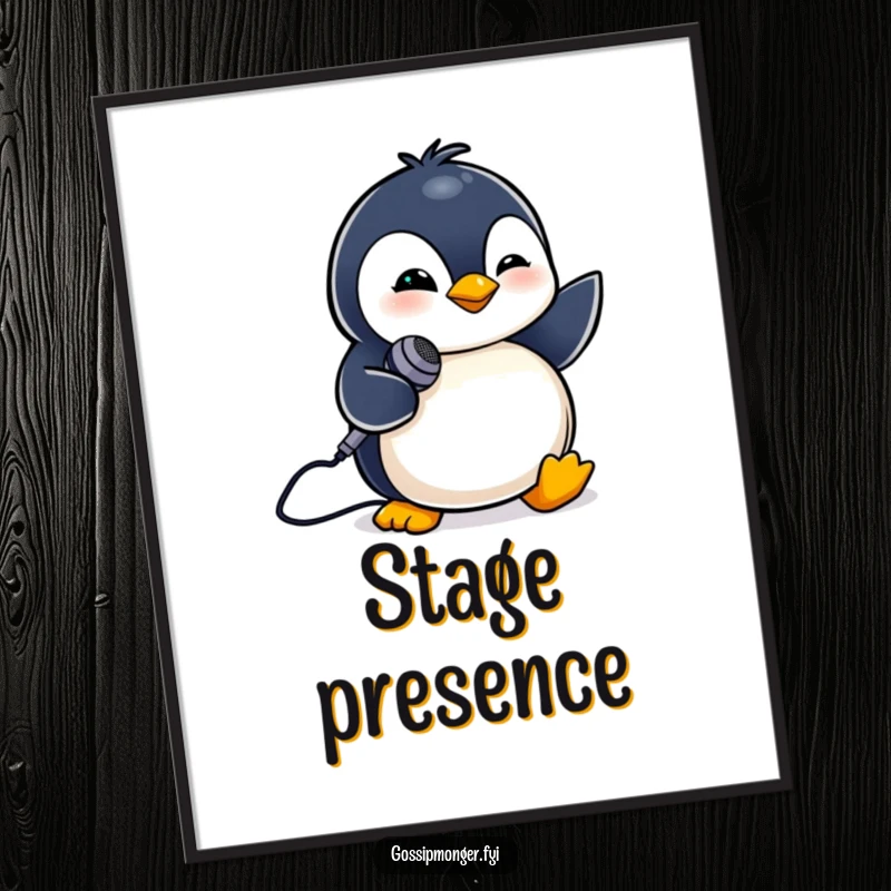 Funny digital art of a tiny penguin winking while holding a miniature microphone. Performance art.