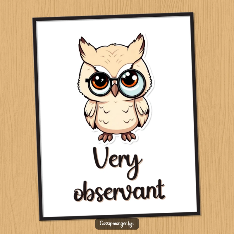 Funny digital art print of a tiny owl with a monocle, slyly winking, for sophisticated decor.