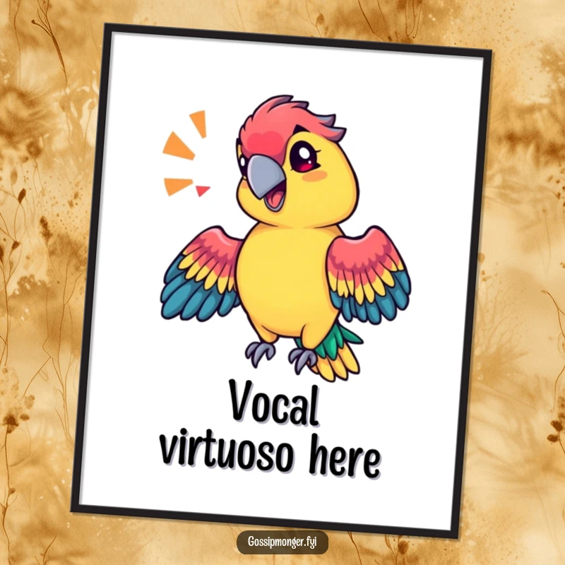 Funny technicolor parrot with a sassy tilt of its head, mimicking a sound effect with its wings, high-quality digital art print.